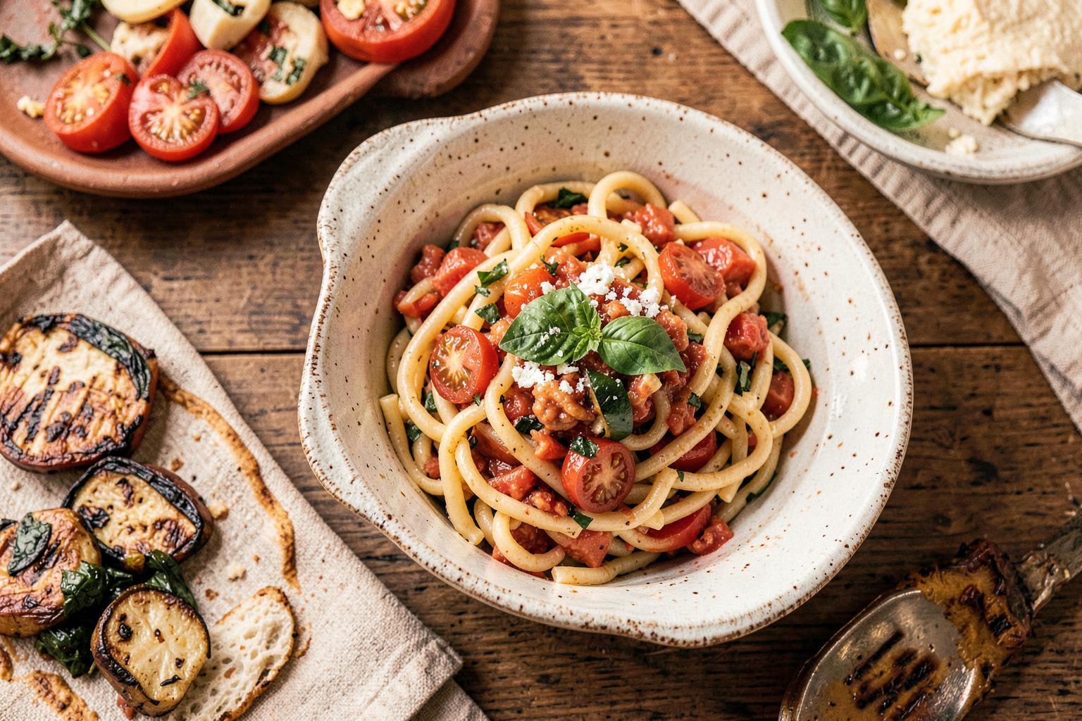 Mesa con pastas caseras, tomates y verduras asadas listas para comer